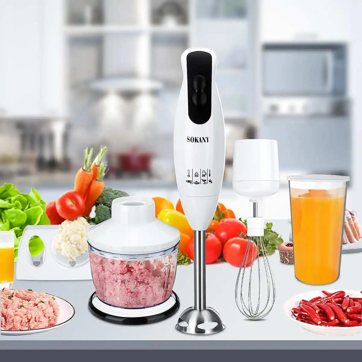 Description Picture 4 of item4 in 1 Hand Blender Electric Food Blender Mixer 2Speed Detachable Hand Food supplement Vegetable Meat Grinder Whisk Juicer Mixer