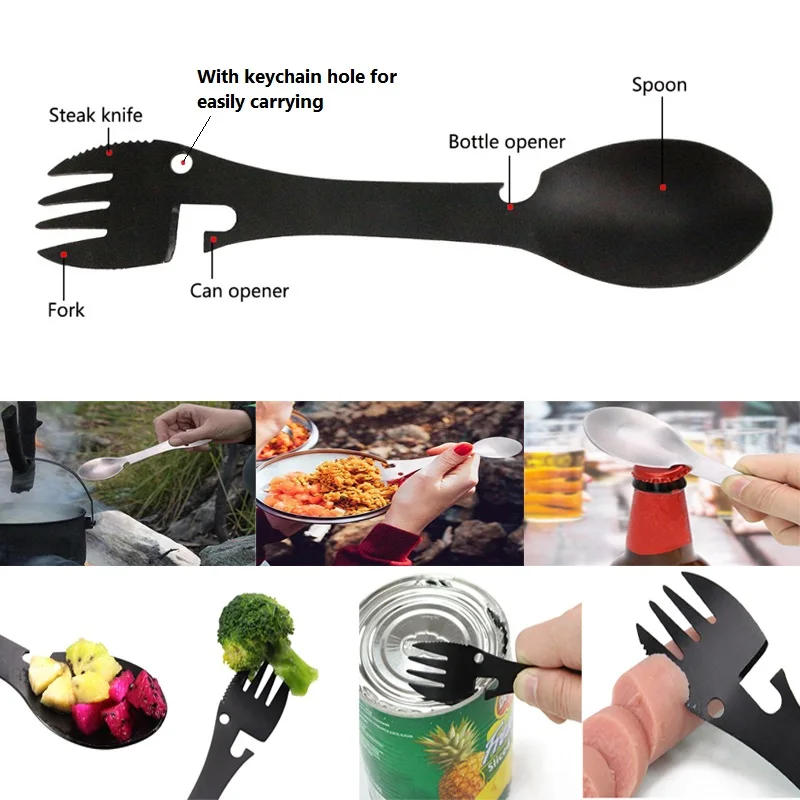 Description Picture 3 of itemTableware utensil fork flatware multi tool stainless steel Portable spoon bottle can opener multitool Spork Picnic cutlery camp