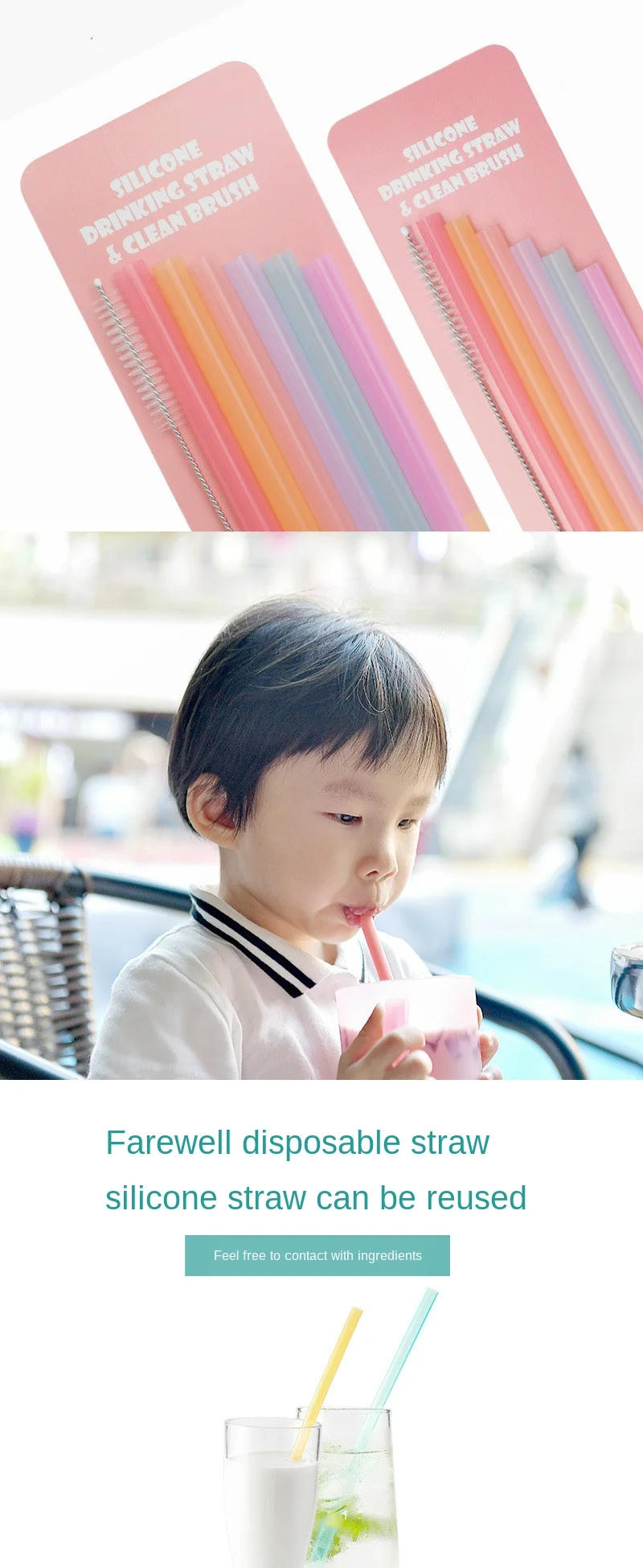 Description Picture 5 of item7pcs/set Creative Seamless Portable Flexible Transparent Silicone Straws Reusable Food Grade Beverage Juice Drinking Milk Straw