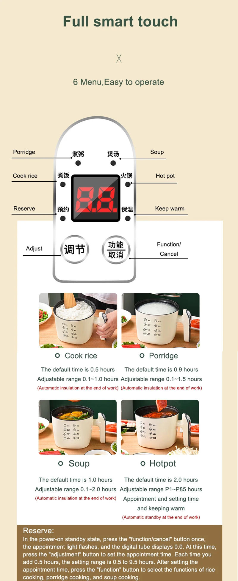 Description Picture 4 of itemIntelligent Electric Skillet Hotpot Multi Cooking Boiler Eggs Food Steamer Soup Pot Noodles Pasta Stew Frying Pan Rice Cooker EU