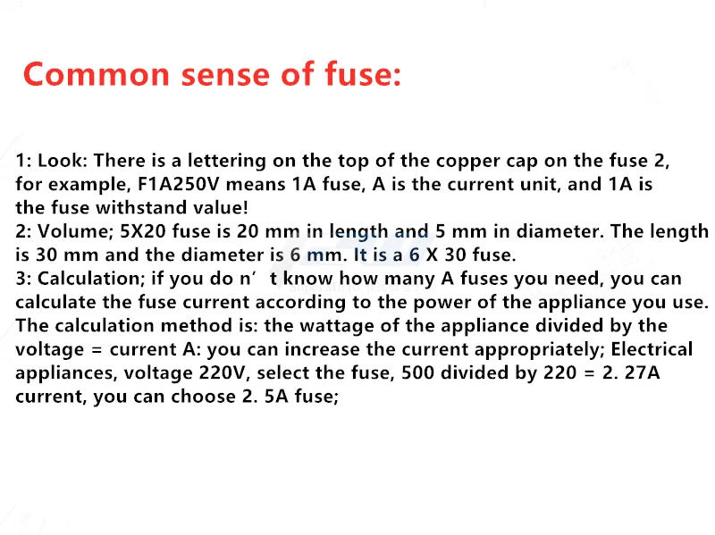 Description Picture 3 of item10 Pcs/Lot Fast blow Ceramic Fuse 5mm x 20mm 6x30mm T 0.5A 1A 2A 3A 5A 6A 8A 10A 13A 15A 20A 30A 250V Car Cigar Microwave Oven