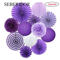 Pink Blue Purple Set Baby Boy Girl Baptism Party Favor Folding Round Paper Lantern Wedding Ceremony Decor 8" 12" Mixed Size Fans