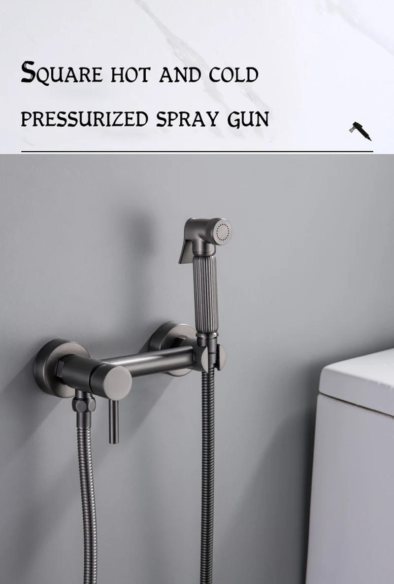 Description Picture 2 of itemSolid Brass gunmetal gray Toilet Bidet kit Sprayer Brushed metal Hot And Cold Bathroom Douche Kit Square Shattaf Shower Faucet