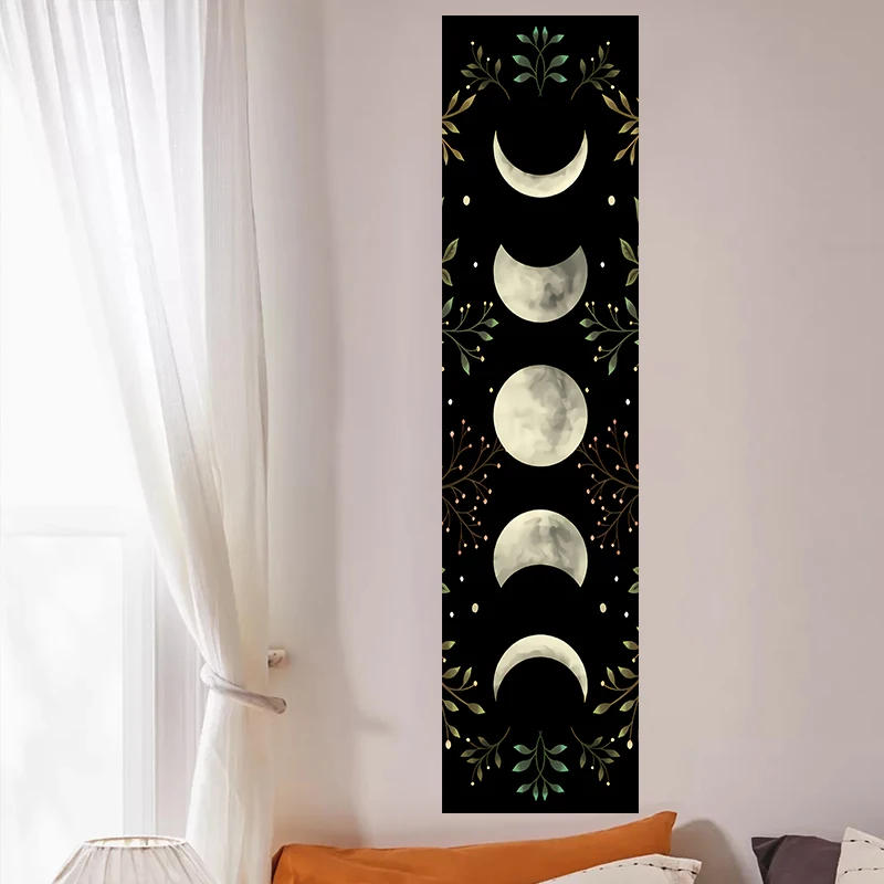 Description Picture 3 of itemVintage Moon Phase Wall Hanging Tapestry Mooonlight Green Olive Leaf Black Tapestries Boho Room Wall Decor Home Decoration Wall