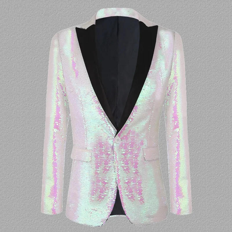 Description Picture 2 of itemShawl Collar Sequins Suit Jackets Male Singer Host Bar Concert Pink White Sequin Stage Blazer Prom Wedding Party Tuxedo Costume