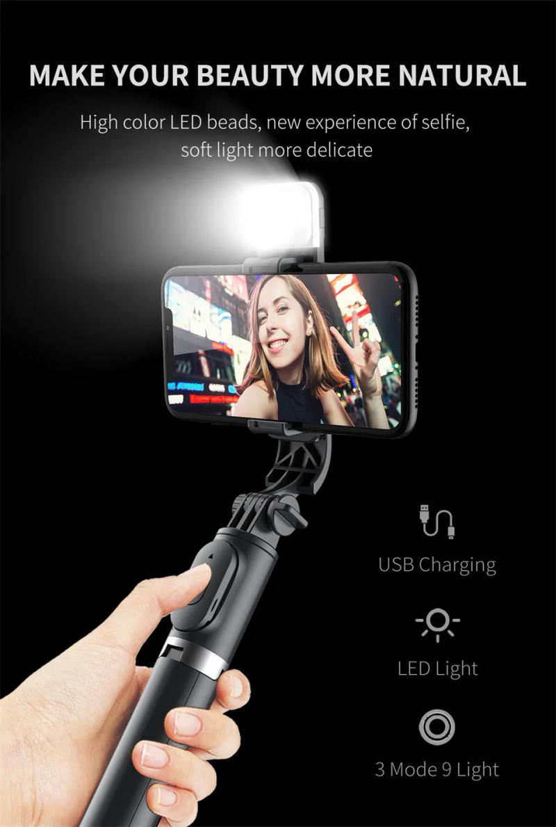 Description Picture 5 of itemFANGTUOSI 2024 New Wireless selfie stick tripod Bluetooth Foldable Monopod With Led light remote shutter For iphone Wholesale