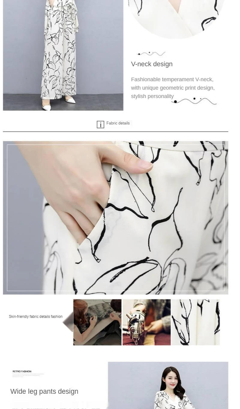 Description Picture 5 of itemWomen's Casual Suit Summer New Two Piece Set 2025 Fashion Wide Leg Long Pant Half Sleeve Top Korean Style Printed Office Outfits