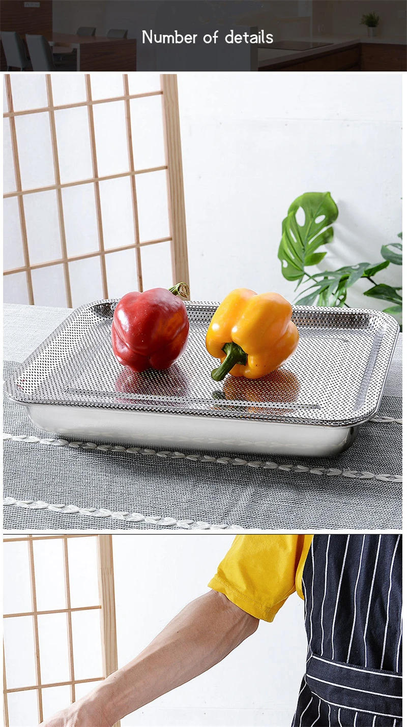 Description Picture 3 of itemStainless Steel Food Storage Tray Vegetable Fruit Washing Dish Frying Oil Filter Drain Pan Kitchen Container