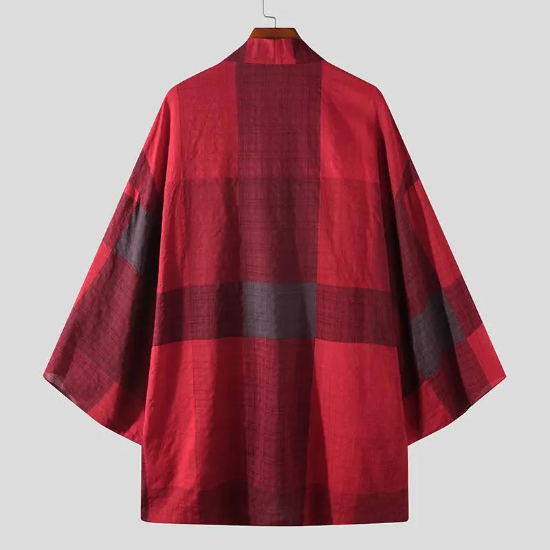 Description Picture 6 of itemINCERUN Men Trench Plaid Vintage Long Sleeve Open Stitch Casual Cardigan Kimono Men Streetwear Autumn 2024 Loose Male Coats 5XL