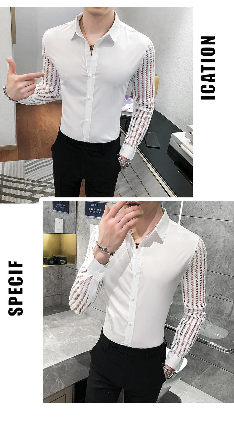 Description Picture 4 of item2021 New Men Lace Perspective Shirt Party Prom Hollow Lace Patchwork Long Sleeve Tuxedo Shirt Nightclub Casual Social Shirt
