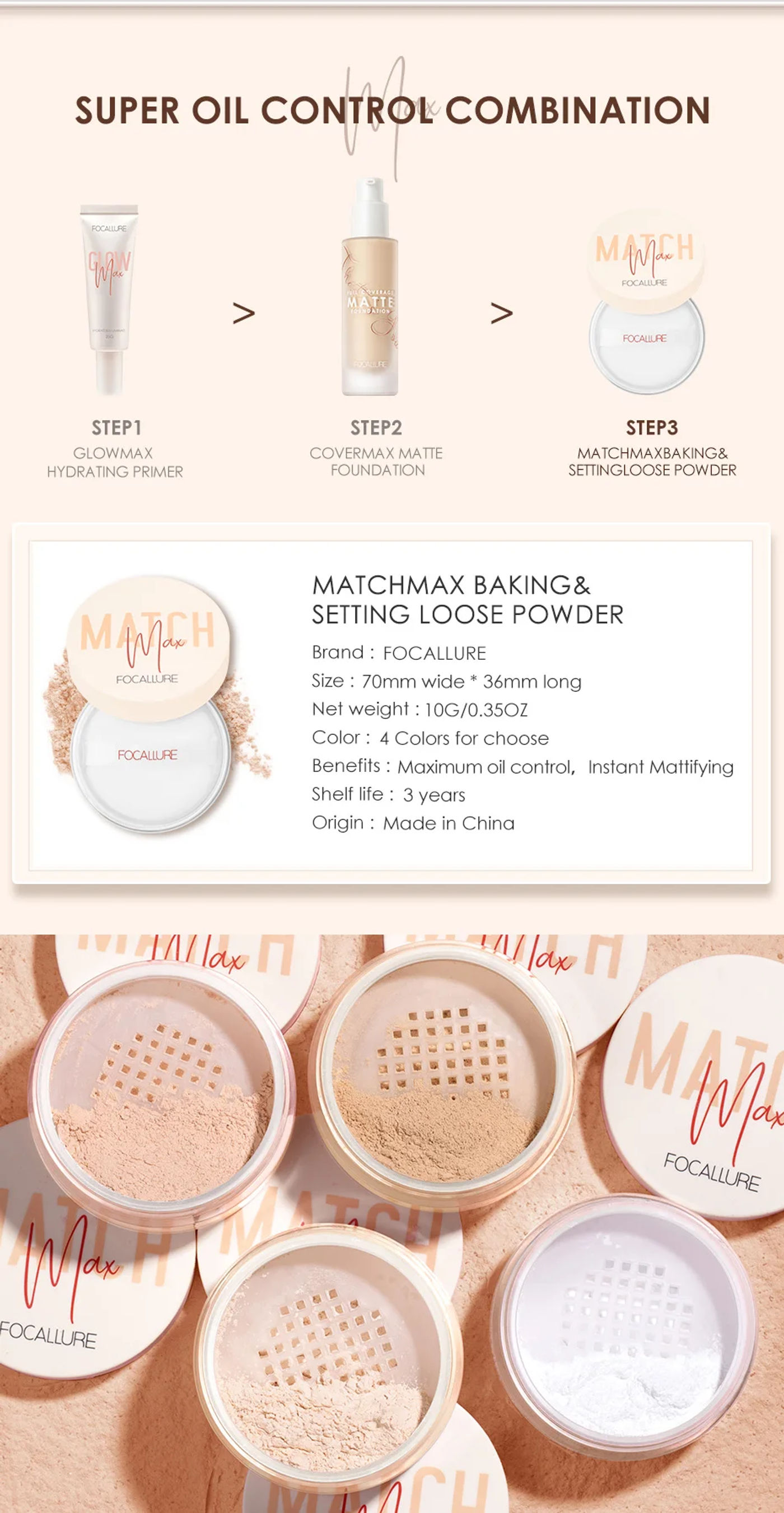 Description Picture 6 of itemWholesale FOCALLURE 4 Colors Minerals Face Loose Powder Waterproof Matte Setting Finish Makeup Oil-control Bake Women Cosmetics