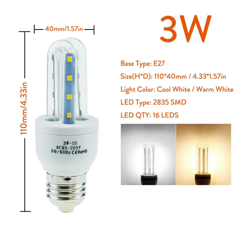 Description Picture 2 of itemEnergy Saving E27 LED Corn Light Bulbs 3W 5W 7W 9W 12W U Tube Fluorescent Neon Flood Lights 220V 110V Home Lamps 360° Lighting