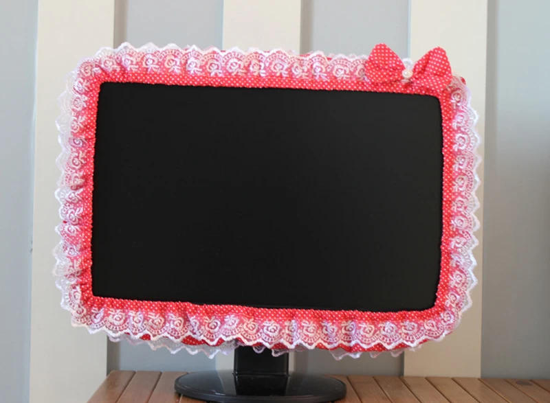 Description Picture 4 of itemLace Fabric Computer Frame Cover Monitor Screen Dust Cover With Elastic Pen Pocket Bow Home Decorations