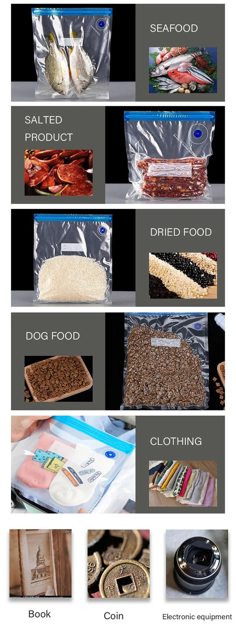Description Picture 2 of itemVacuum Food Storage Zipper Bags Reusable BPA-Free Sous Vide Bags with Vacuum Hand Pump Fruit Meat Nut Vacuum Sealer Saver Bag
