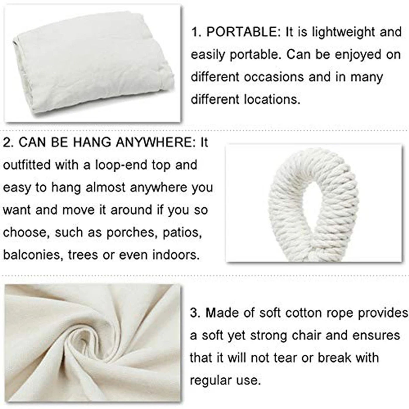 Description Picture 3 of itemNordic Style White Hammock Outdoor Indoor Garden Dormitory Bedroom Hanging Chair For Child Adult Swinging Single Safety Hammock