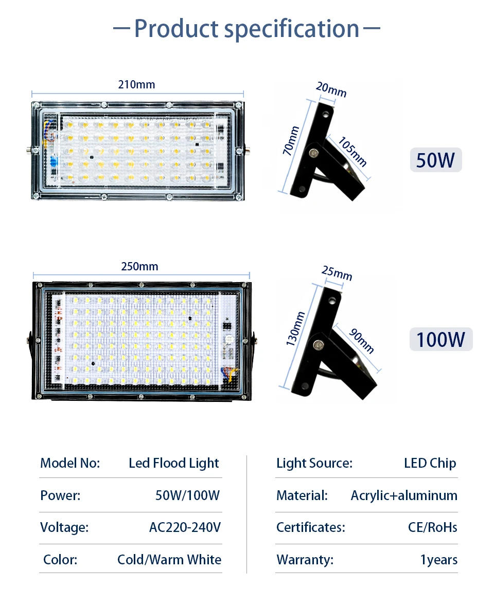 Description Picture 4 of item2pcs/lot LED Flood Light 220V 230V 240V Floodlight Led Street Lamp 50W 100W Waterproof Landscape Lighting IP65 Led Spotlight