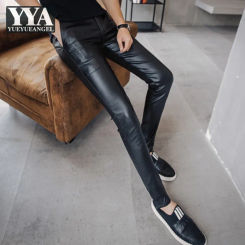 Pantalones pitillo góticos de cuero para hombre, ropa de calle Punk, ajustada, elástica, recta, de realce, color negro