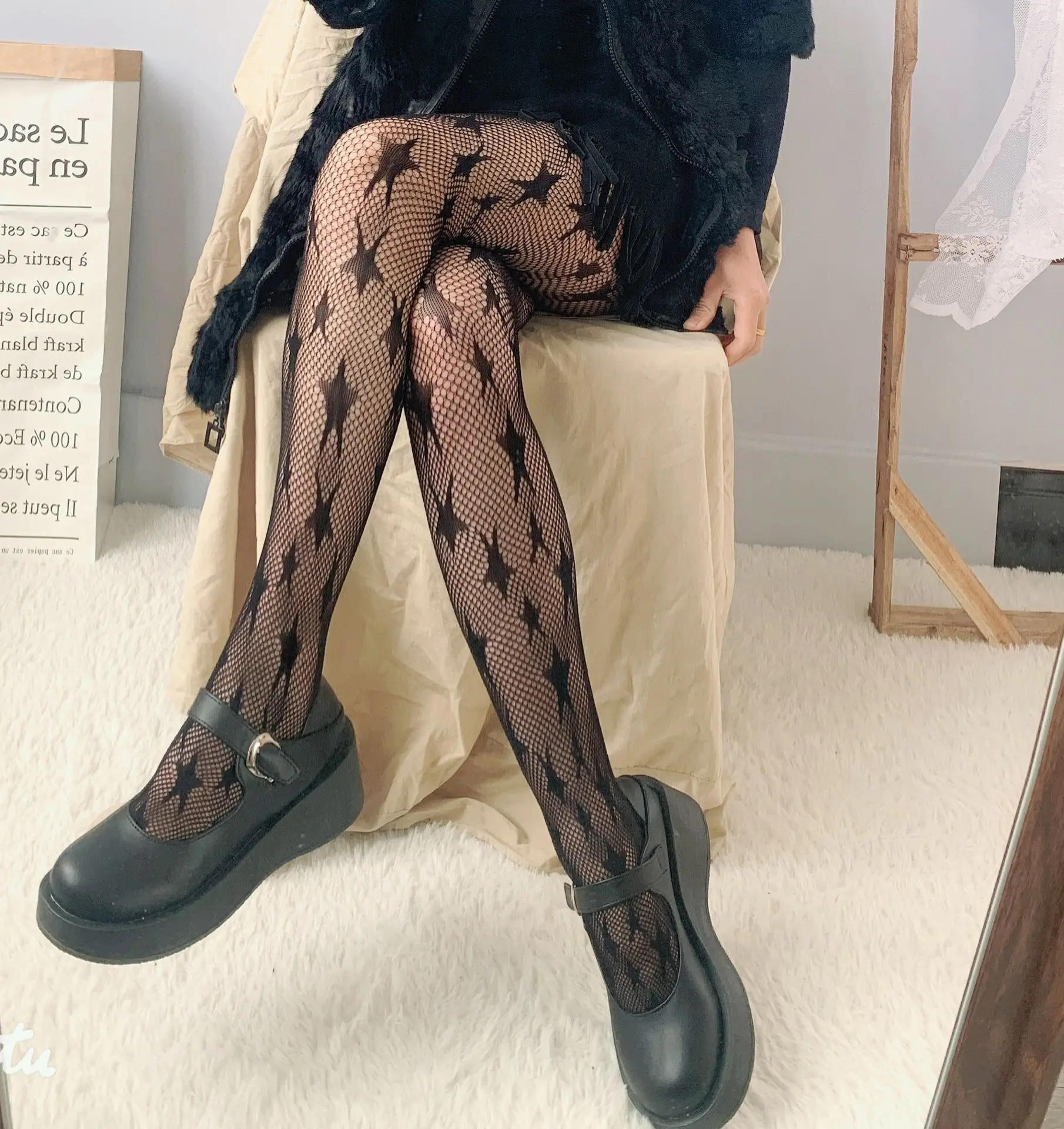 Description Picture 5 of itemLolita Dark Black Pantyhose Star Mesh Stockings Female Fishnet Stockings JK Girls Socks Mesh Tights Lingerie Thigh High JK Socks