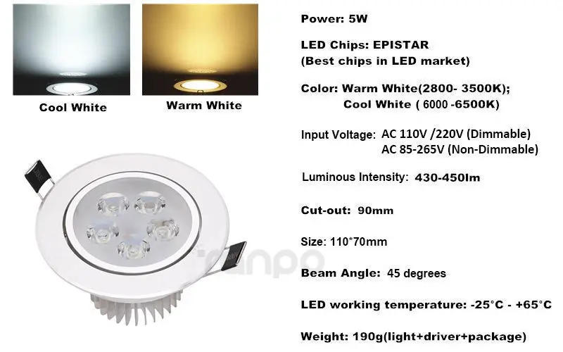 Description Picture 4 of item3W 5W 7W 9W 12W 15W 18W LED Recessed Ceiling Down Light White Lamp AC 220V 110V Downlight Spotlight for Home Living Room Hotel