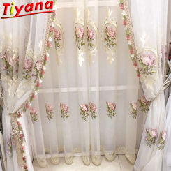 Luxury White Embroidery Flowers Curtains for Living Room Chinese Classical Peony Window Screen Panels for Bedroom Tassel Tulle T
