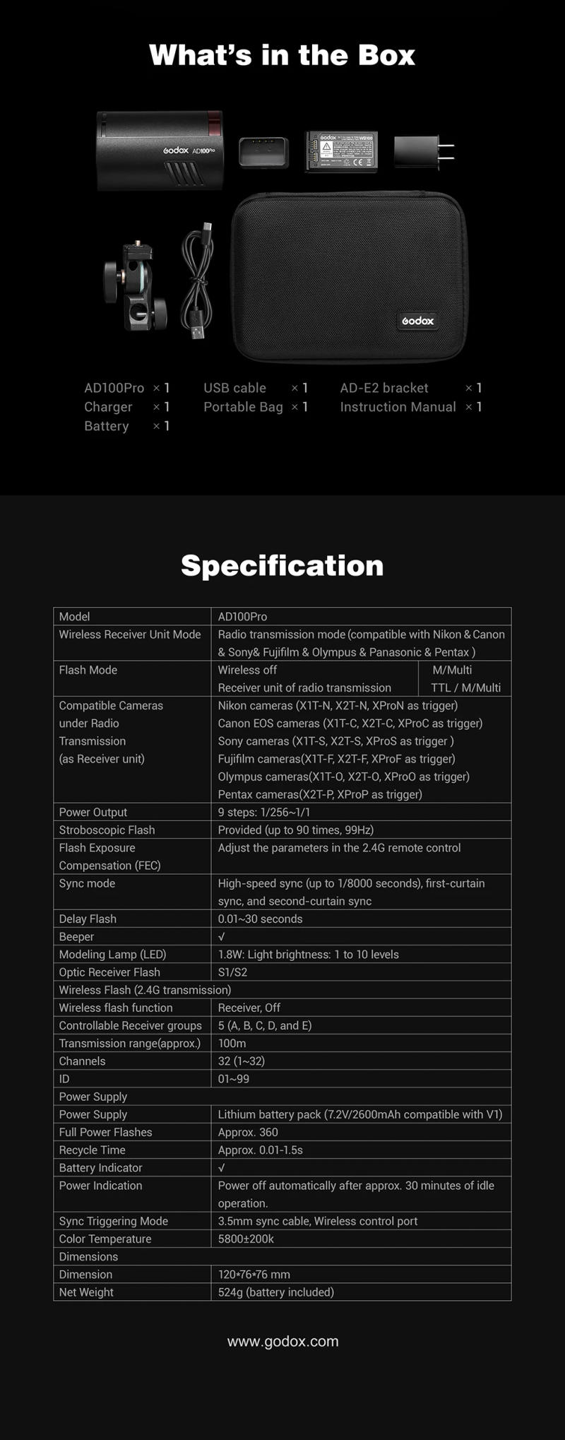 Description Picture 6 of itemGodox AD100Pro 100Ws TTL 2.4G HSS 1/8000s Pocket Flash Light with 7.2V/2600mAh Lithium Battery 360 Full Power Flashes 0.01-1.5s