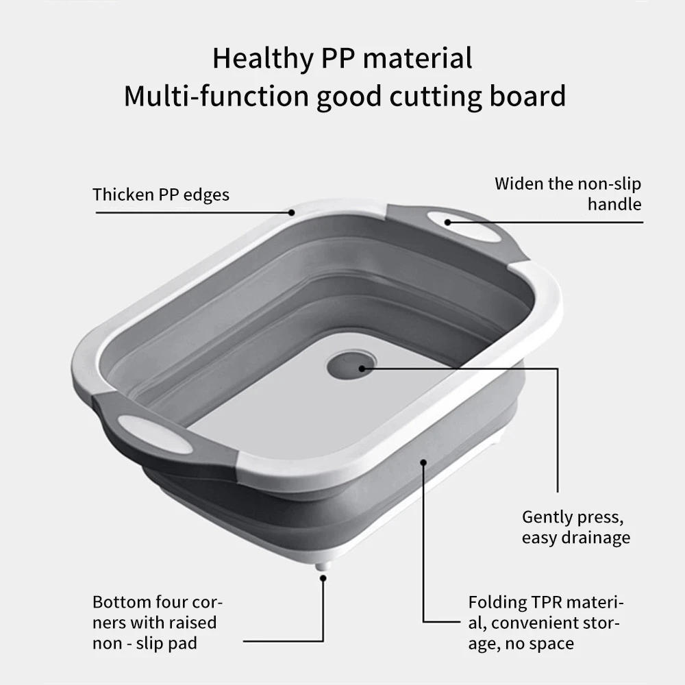 Description Picture 4 of itemNew Multi-function 3 In 1 Folding Cutting Board Foldable Drain Basket Chopping Blocks Washing Basket folding sink folding basin