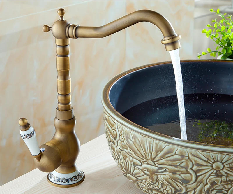 Description Picture 5 of itemAntique Brass Ceramic Handle Basin Faucet Antique Rotatble Bathroom Faucet Kitchen Faucet Hot Cold Mixer Crane Kitchen Faucet