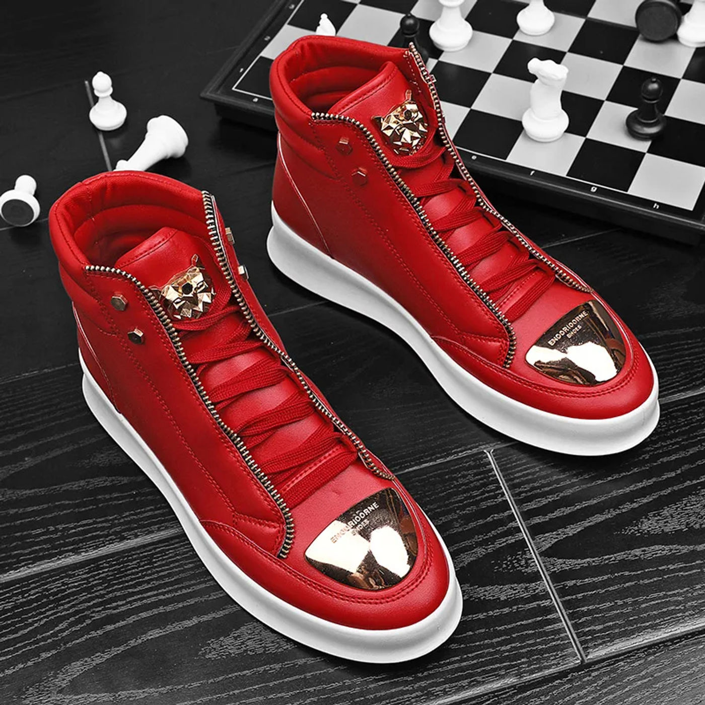 Description Picture 6 of itemRed Stylish Men High Top Sneakers Skateboard Shoes Leopard Platform Skate Sport Training Shoes Men Casual Designer Shoes Outdoor