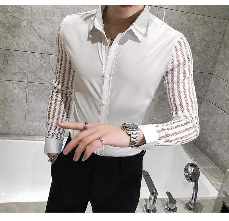 Description Picture 4 of itemSexy Mesh Lace White Dress Shirt Men 2024 Fashion Autumn Casual Slim Fit Long Sleeve Social Party Prom Banquet Tuxedo Men Shirts