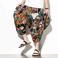Pantalones cortos grandes de lino chino para hombre, ropa informal de Hip Hop, de cuero negro, holgados, de pierna ancha, Harlan, de playa, ropa de calle japonesa, 7/4