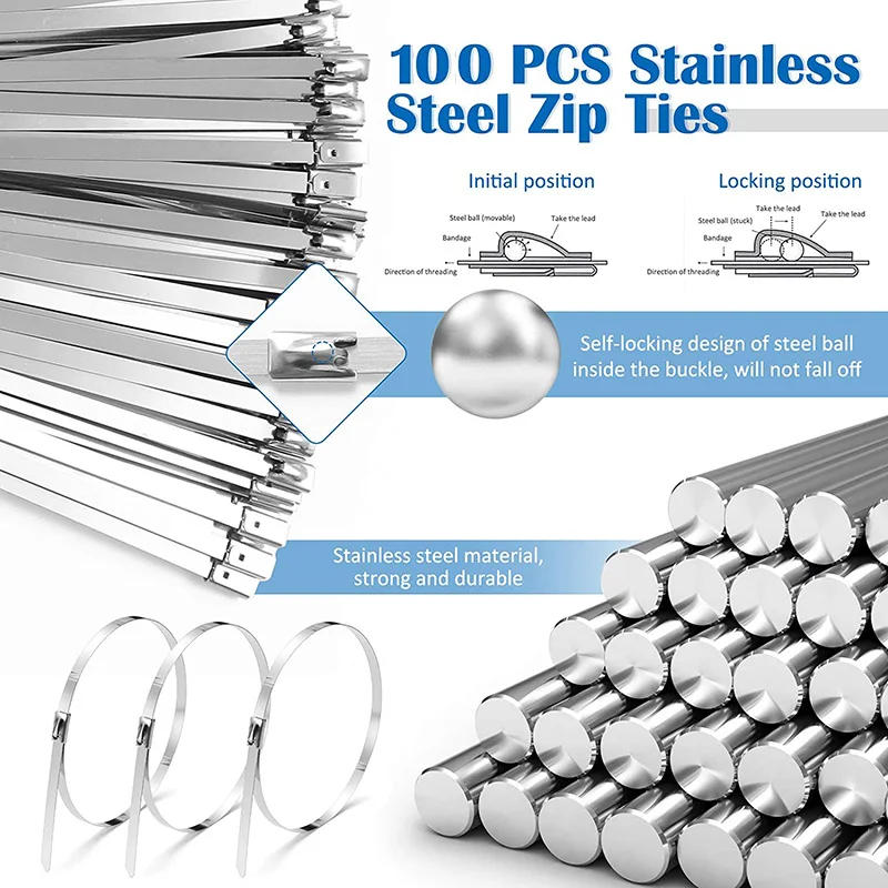 Description Picture 2 of item100PCS Stainless Steel Cable Ties, Self-locking High Temperature Resistant Metal Cable Ties, Buckle Type Wire-wound Locking Tool