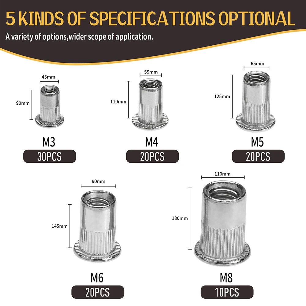 Description Picture 3 of item100PCS  M3 M4 M5 M6 M8 Stainless Steel Rivet Nuts Set Nutserts Threaded Insert Nutsert Cap Flat Head Rivet Nuts Rivnut Tool