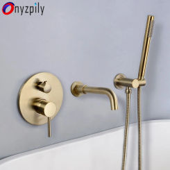 Onyzpily Brushed Gold Bathtub Faucet Wall Mounted Waterfall Bath Shower System Embedded In Wall Tub Tap Shower Mixer Faucet