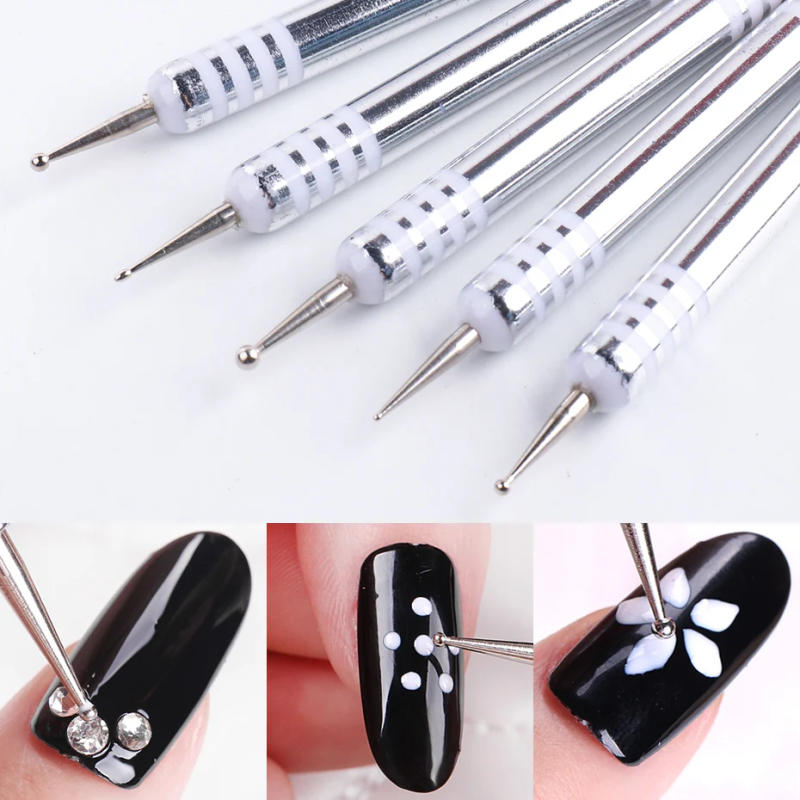 Description Picture 4 of item5pcs White Dual End Nail Art Dotting Pen Set French Stripe Nail Liner Flower Brush Drawing Painting Carving Manicure Tools