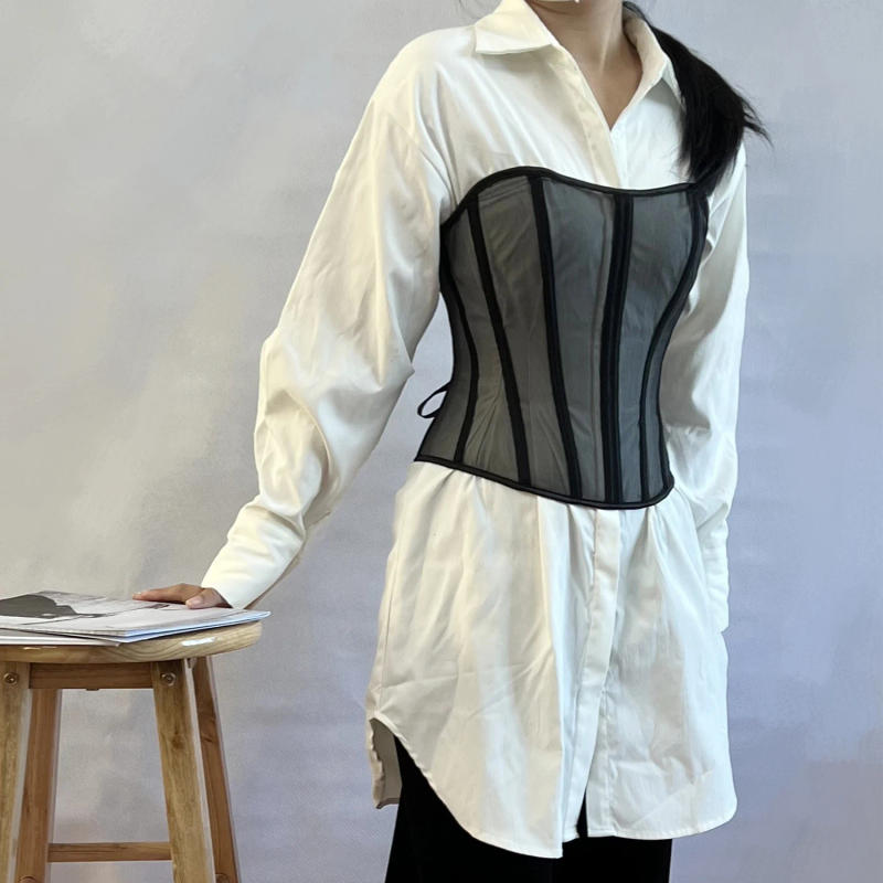 Description Picture 5 of itemWomen Sexy Sheer Mesh Patchwork Bustier Corset Vintage Strapless Lace-Up Back Overbust Waist Cincher Body Shaper Top Wholesales