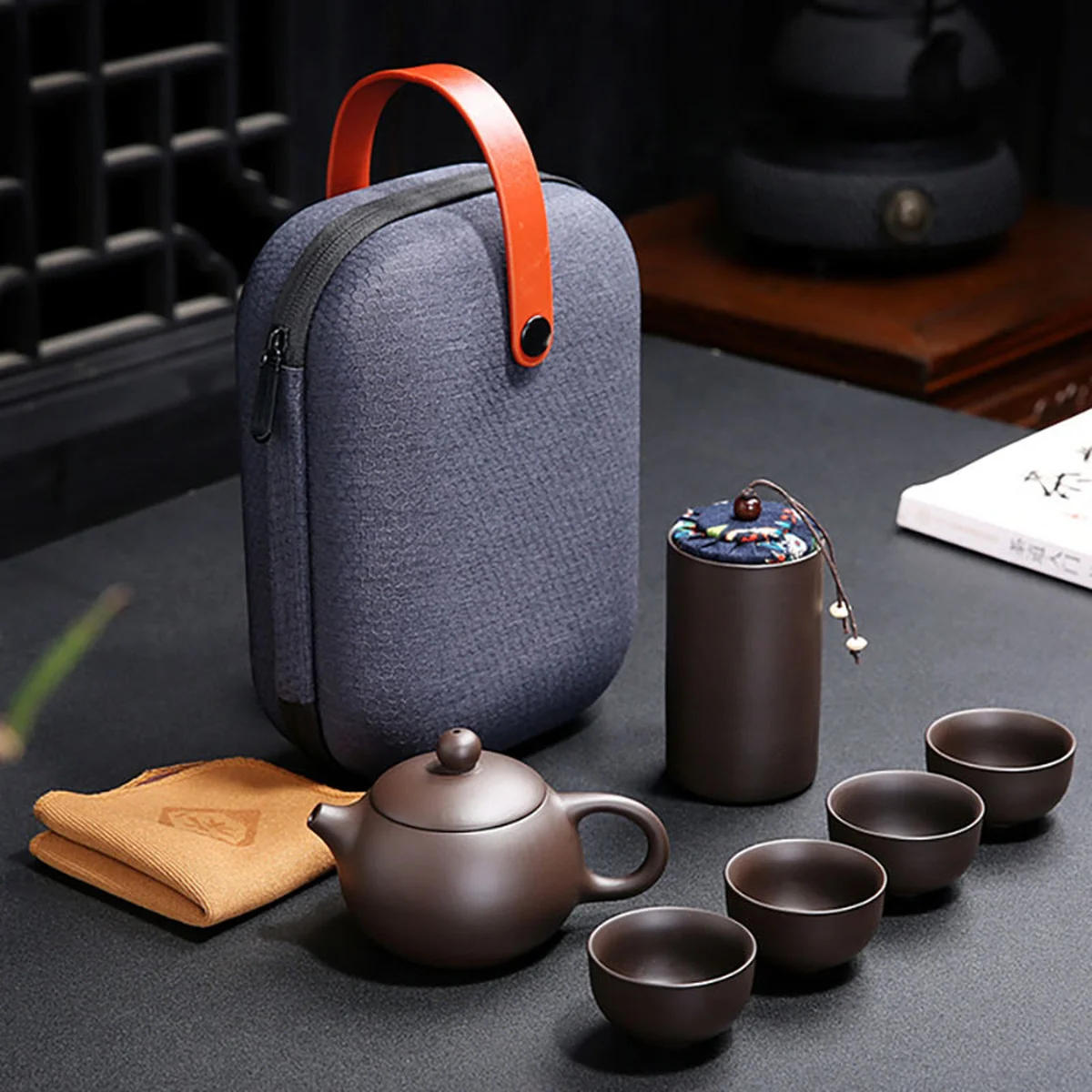 Description Picture 2 of itemPortable Chinese Travel Tea Set, Teapot Clay Set, Tea Ceremony, Camping, 4 Cups, Zi Shi, Ke Cup, Tea Pot Set