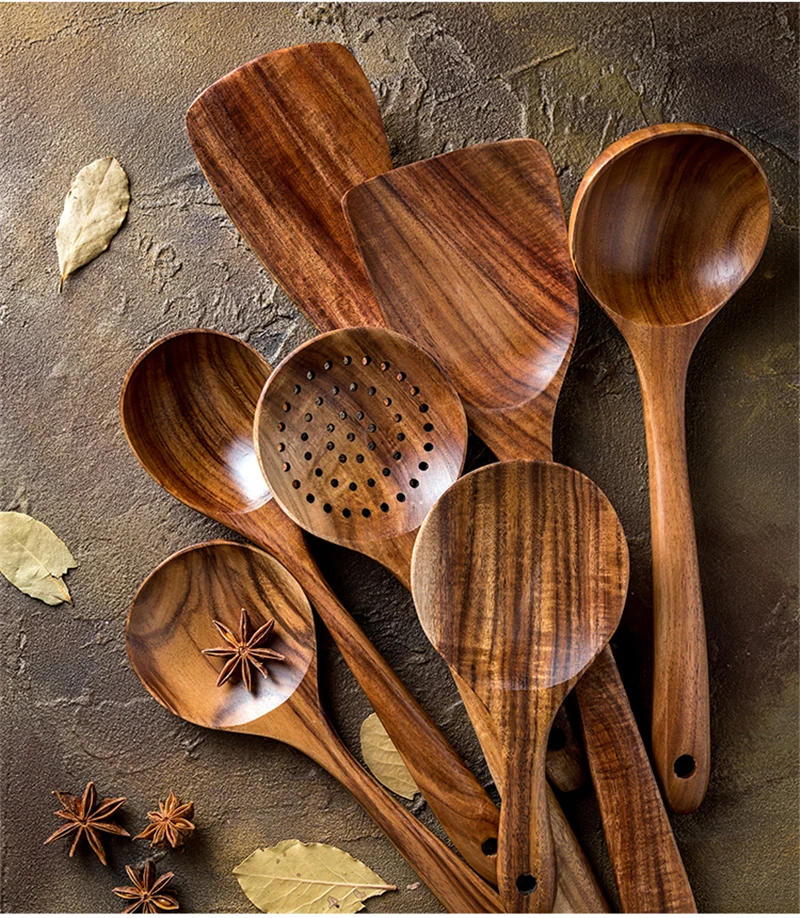 Description Picture 3 of item1-7pcs/set Teak natural wood tableware spoon colander spoon special nano soup skimmer cooking spoon wooden kitchen tool kit