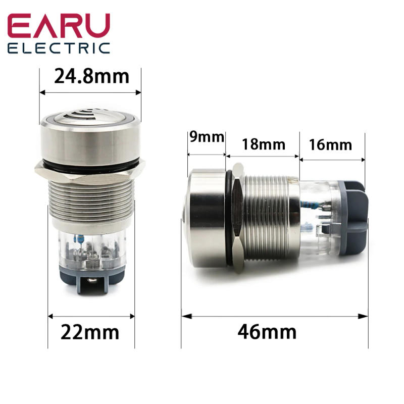 Description Picture 3 of item22mm IP67 Ultrashort Flash LED Alarm Indicator Light Signal Lamp Flashmetal Buzzer 12V 24V 220V Intermittent sound Waterproor