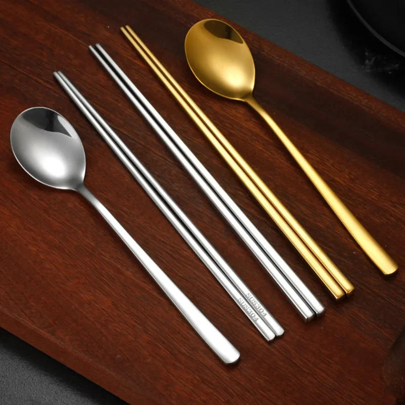 Description Picture 4 of itemKorean 304 Stainless Steel Long Handle Chopsticks Home Tableware Round Head Spoon Tablespoons Golden Dinnerware Kitchen Utensils