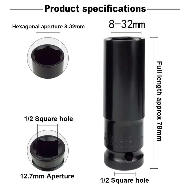 Description Picture 6 of item10mm-24mm 1/2" Drive Deep Impact Wrench Socket Head Adapter Hexagonal Hex Socket Head Sleeve for Pneumatic Electric Wrench Drill