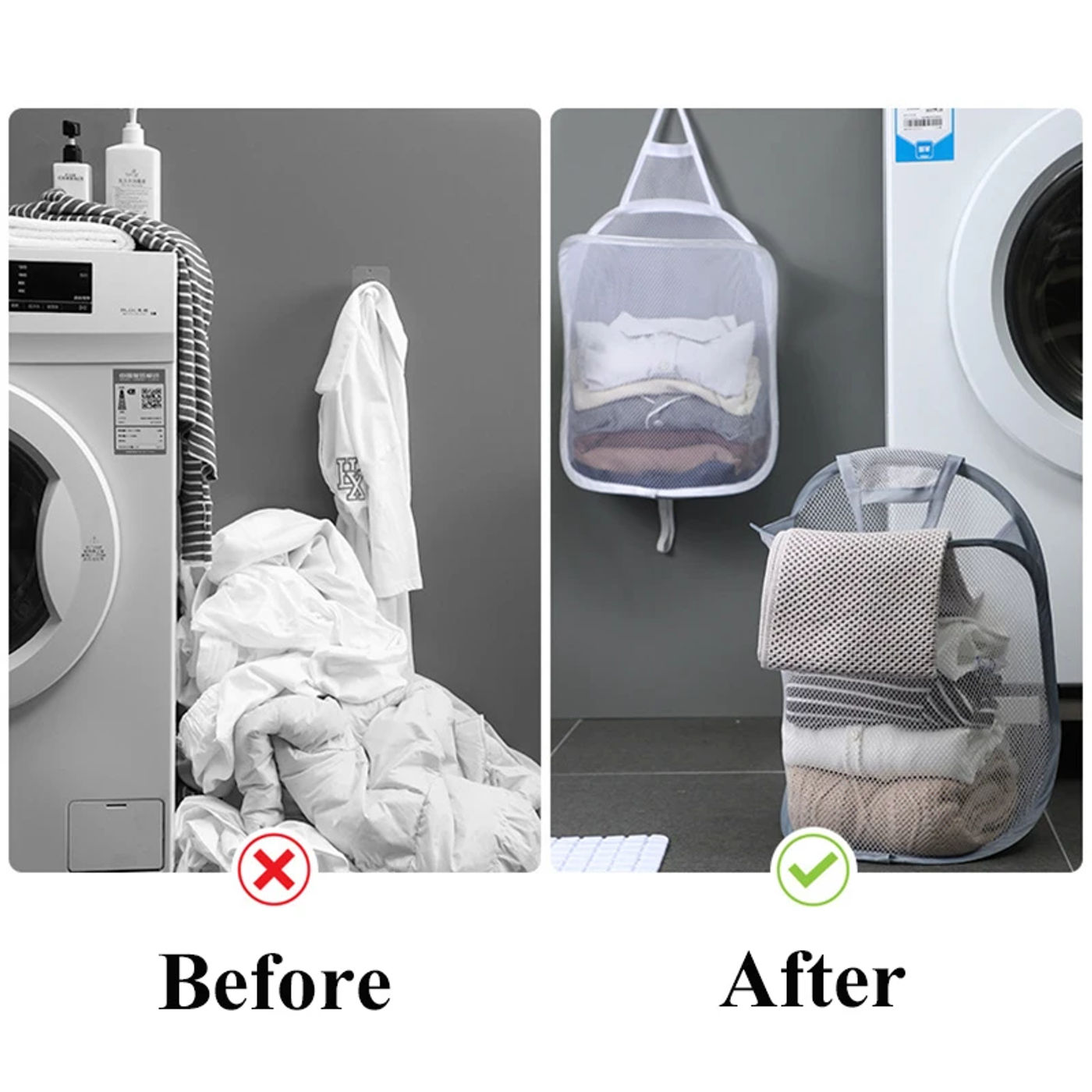 Description Picture 3 of itemFolding Laundry Basket Organizer for Dirty Clothes Bathroom Clothes Mesh Storage Bag Household Wall Hanging Basket Frame Bucket