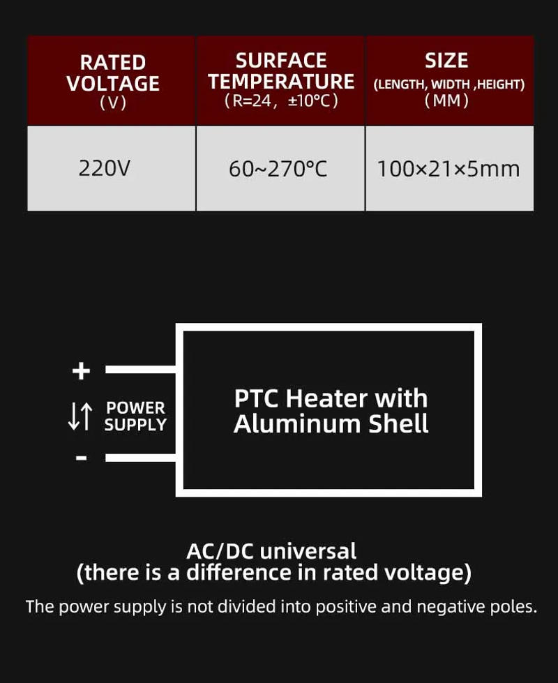 Description Picture 2 of item100*21mm Heating Element 80/100/150/200/230C 220V PTC Heater Thermostat Heating Plate With Aluminum Shell Heat Resistor Plate