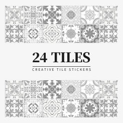 24PCS Wall Sticker Gray Moroccan Vintage Art Waterproof Vinyl Peel and Stick Tile Stickers Home Decor Kitchen Bathroom DIY Decal