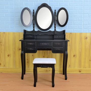 Two Colors Foldable 3 Mirrors with 7 Drawers Dressing Table Black  with Dressing Stool US Warehouse