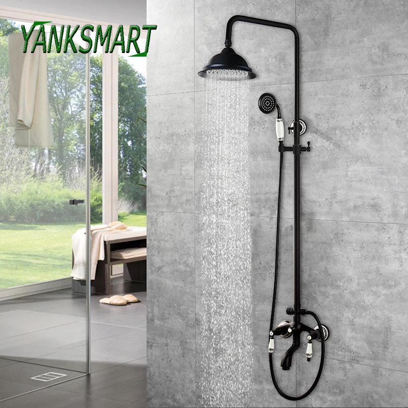 Description Picture 2 of itemYANKSMART Vintage Bathroom Black Wall Mounted 8 Inch Shower Set 3-functions Mixer Valve Faucet Set Rainfall Shower Mixer Tap Kit