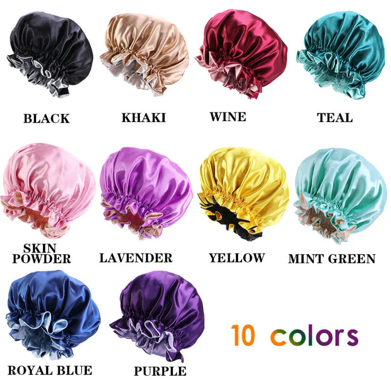 Description Picture 4 of itemWholesale Satin Bonent Solid Night Sleep Cap Hat Double Layer Hair Care Bonnet Night Cap For Women Satin Sleeping Cap Adjustable