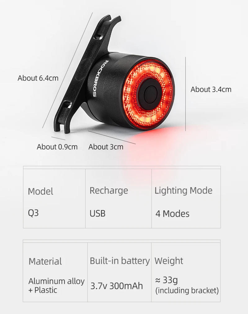 Description Picture 6 of itemROCKBROS Bike Smart Taillight LED Type-C Charging Cycling Saddle Seatpost Rear Light Alloy Waterproof Bicycle Warning Light