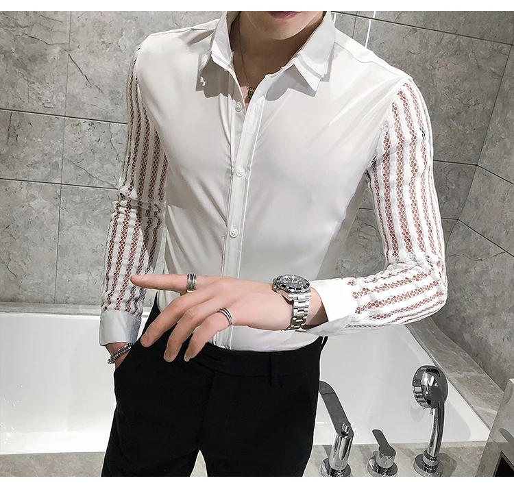 Description Picture 3 of item2021 New Men Lace Perspective Shirt Party Prom Hollow Lace Patchwork Long Sleeve Tuxedo Shirt Nightclub Casual Social Shirt