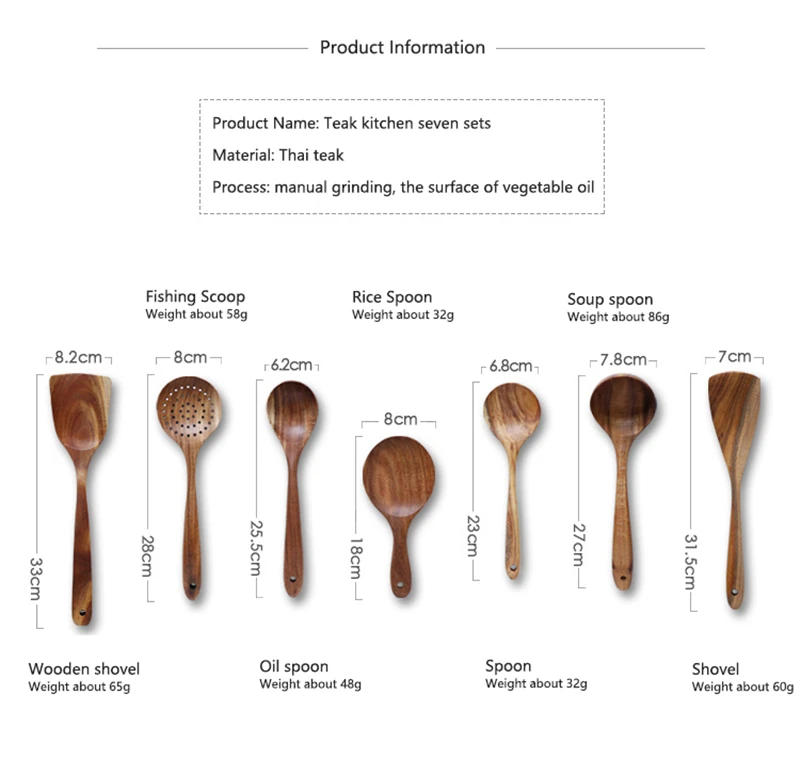 Description Picture 5 of item1-7pcs/set Teak natural wood tableware spoon colander spoon special nano soup skimmer cooking spoon wooden kitchen tool kit