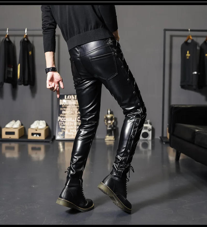 Description Picture 5 of itemHOO 2024 Men's New Threading Decorative Leather Pants Youth Personality Motorcycle Pants Black PU Leather Pants
